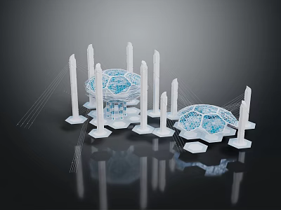 Futuristic Architecture Design Featuring Geometric Blue Domes White Pillars Transparent Sections And Network Structure 3d model