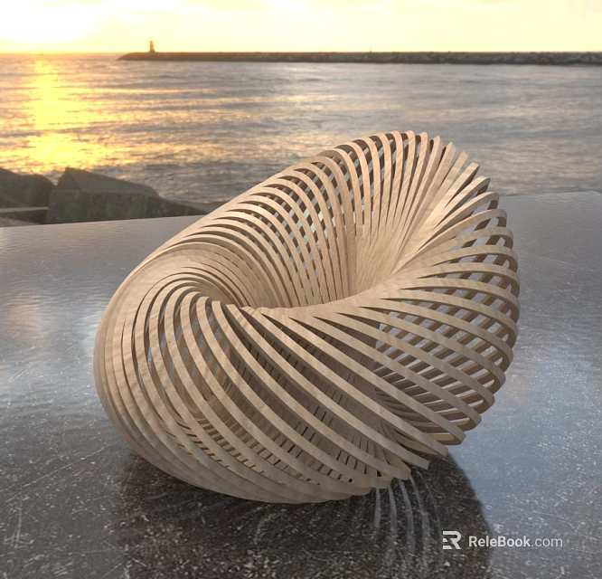 Wooden Spiral Lazy Sofa Design With Water View And Sunset Background 3d model 