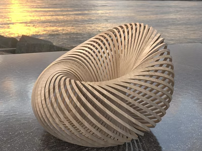 Wooden Spiral Lazy Sofa Design With Water View And Sunset Background 3d model
