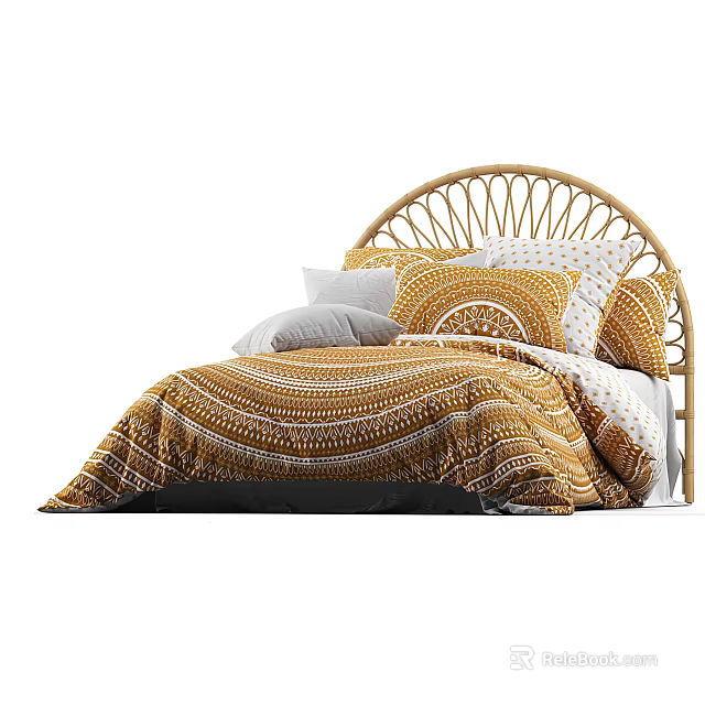 Double Bed with Rattan Headboard and Orange Comforter with White Patterns and Pillows 3d model