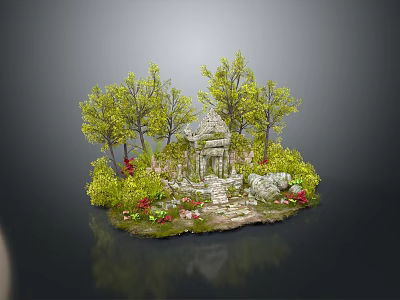 Miniature Garden Scene With Green Trees Small Pavilion Flowers And Stones 3d model