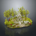 Miniature Garden Scene With Green Trees Small Pavilion Flowers And Stones