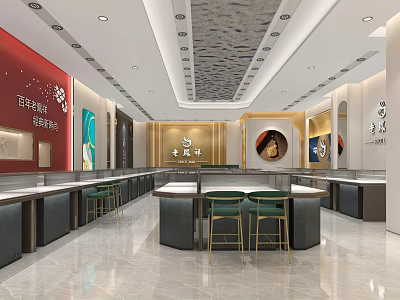Modern Jewelry Store Interior Design With Display Counters Bright Lighting And Green Stools 3d model