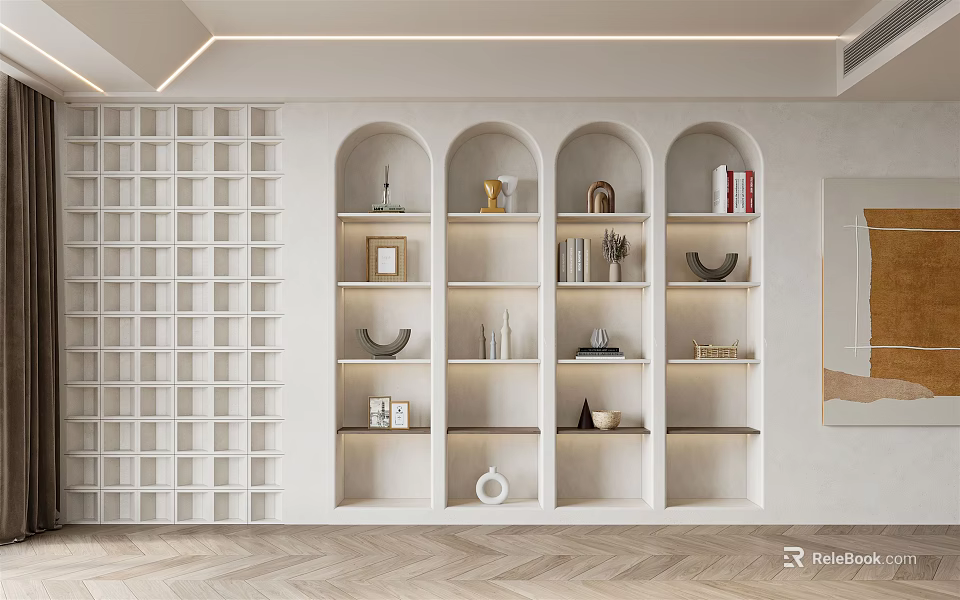 White Decorative Cabinet with Arched Doors Multiple Compartments Decorative Items Books Vases on Wooden Flooring 3d model 