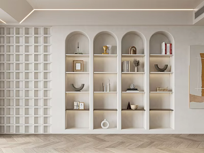 White Decorative Cabinet with Arched Doors Multiple Compartments Decorative Items Books Vases on Wooden Flooring 3d model