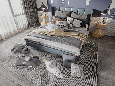 Upholstered Kids Bed with Plush Pillows Cozy Blanket and Toys on Soft Rug 3d model