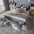 Upholstered Kids Bed with Plush Pillows Cozy Blanket and Toys on Soft Rug