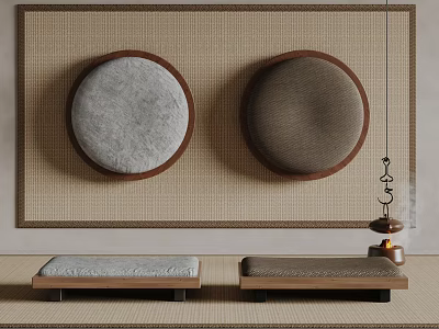Japanese Style Interior With Wall Mounted Round Cushions Square Seats And Incense Burner 3d model