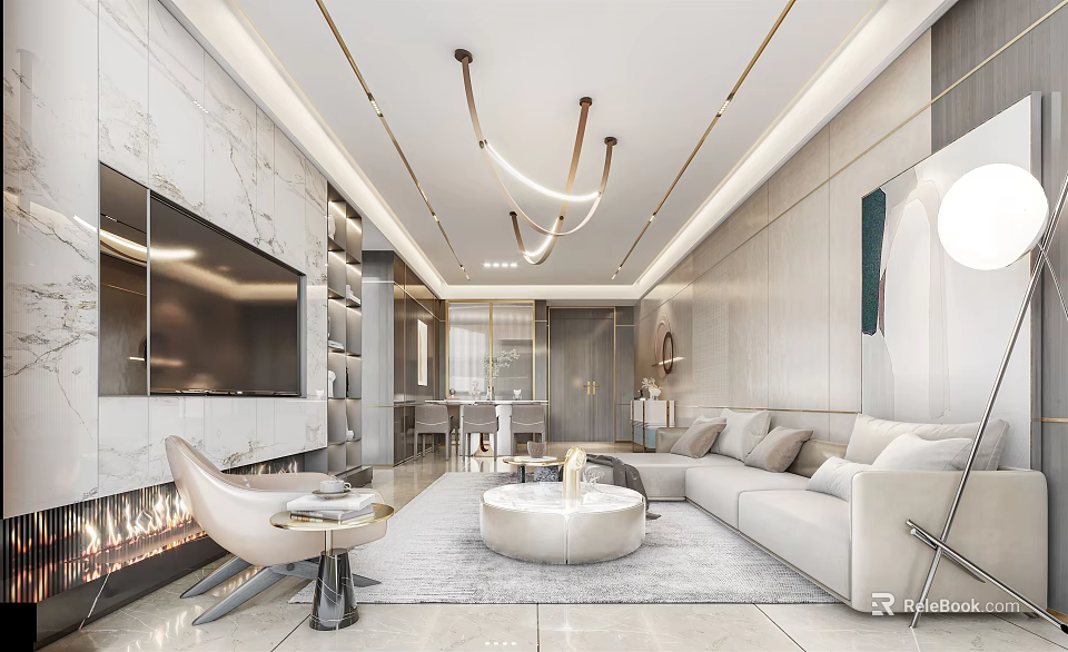 Modern Living And Dining Room Interior With Light Sofa TV Wall Coffee Table And Chandelier 3d model 