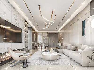 Modern Living And Dining Room Interior With Light Sofa TV Wall Coffee Table And Chandelier 3d model
