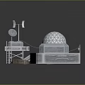 Cartoon Scene of Scientific Base With Dome Tower Ladder Satellite Dish Weathervane and Rocky Ground