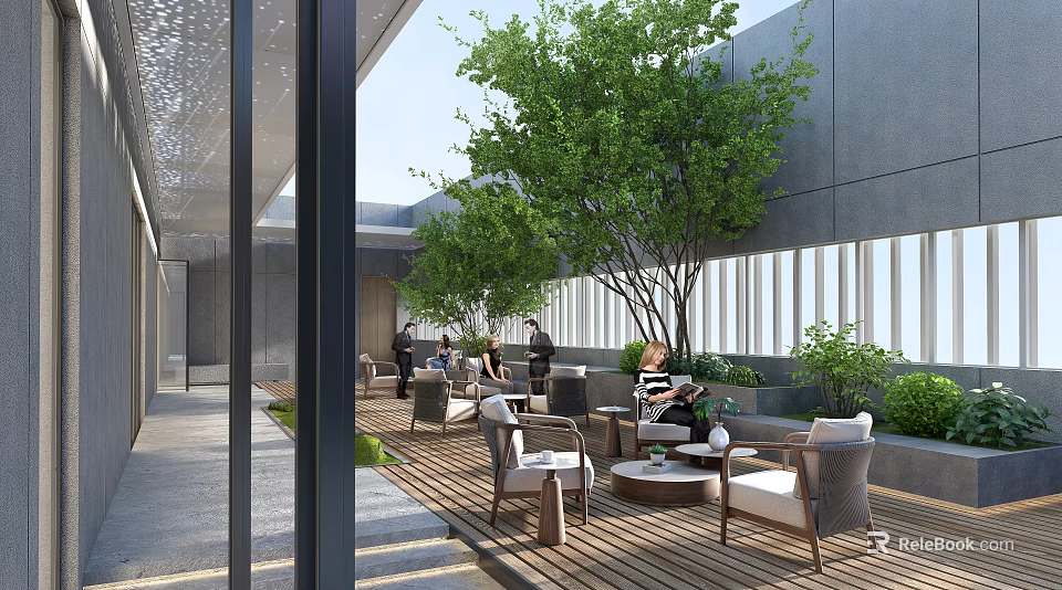 Modern Outdoor Lounge Area With Wooden Deck Tables Chairs Trees And Green Plants 3d model 