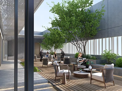 Modern Outdoor Lounge Area With Wooden Deck Tables Chairs Trees And Green Plants 3d model