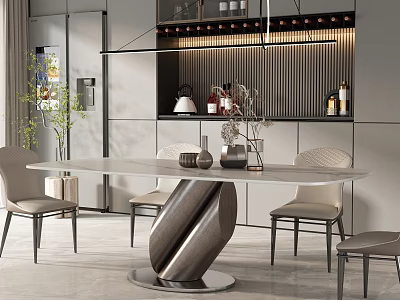 Modern Dining Table and Chairs Set With Marble Top Unique Metal Base Beige Chairs Decorative Items 3d model