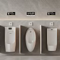 Public Restroom Featuring Three White Wall Mounted Urinals With Gray Background And Signage