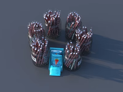 Colorful Food Snacks Arranged In Transparent Jars With Central Blue Package 3d model