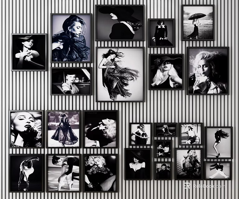 Photo Wall Featuring Black And White Portrait Photos Various Sizes Arranged On Striped Background 3d model 