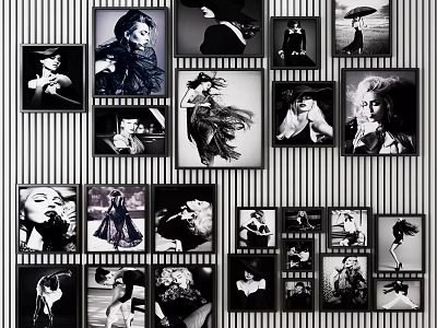Photo Wall Featuring Black And White Portrait Photos Various Sizes Arranged On Striped Background 3d model