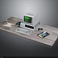 Vintage IBM Computer Setup With Keyboard Floppy Disks And Papers On Wooden Desk