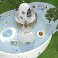Modern Playground Equipment With Curved Slide Colorful Spheres Circular Platform Trees And High Rise Buildings