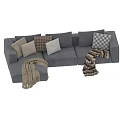 Modern Gray Sectional Sofa with Plaid Pillows and Knit Blankets 3d model