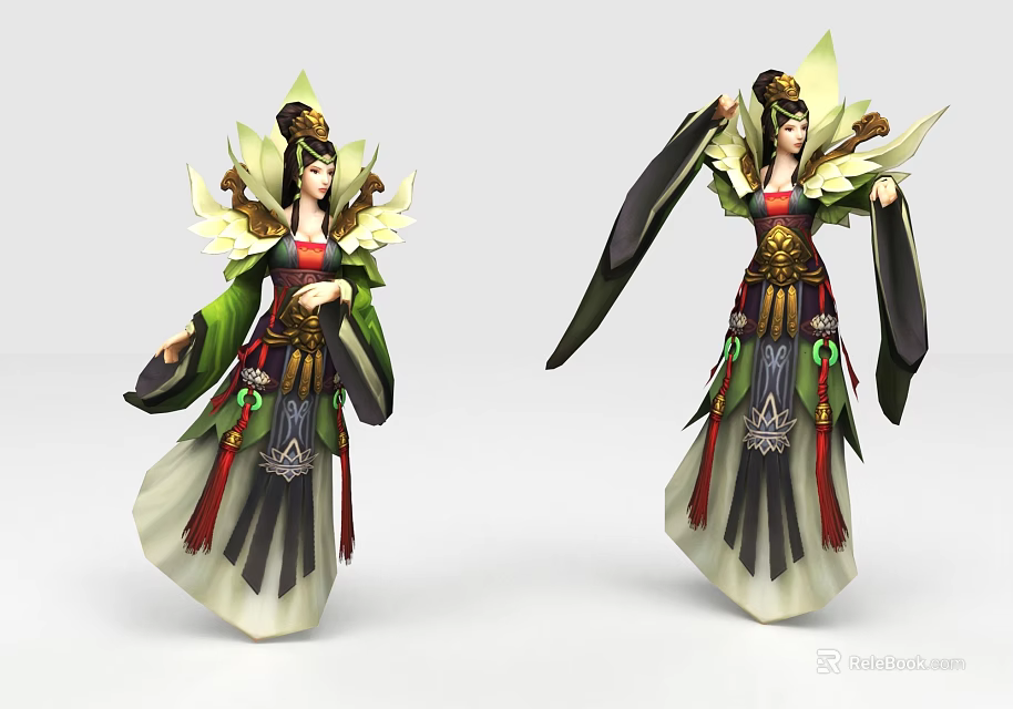 Game Movie Character In Traditional Green Outfit With Elegant Ornaments And Floating Ribbons 3d model 