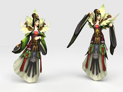 Game Movie Character In Traditional Green Outfit With Elegant Ornaments And Floating Ribbons 3d model