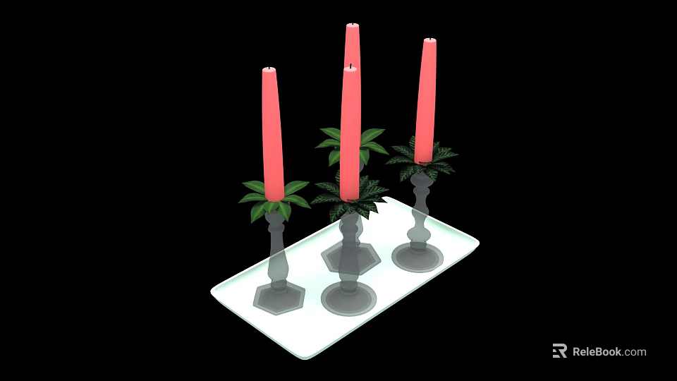 Elegant Decorative Ornament Set With Red Candles Green Leaves And Silver Holders On White Tray 3d model 
