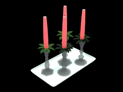 Elegant Decorative Ornament Set With Red Candles Green Leaves And Silver Holders On White Tray 3d model