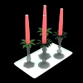 Elegant Decorative Ornament Set With Red Candles Green Leaves And Silver Holders On White Tray