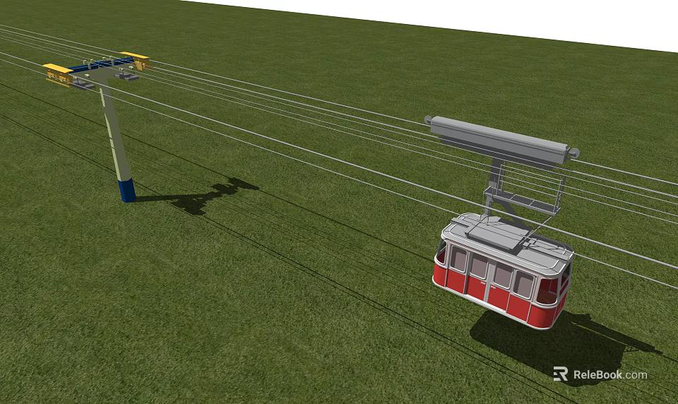 Cable Car Amusement Ride with Red Cabin Over Green Grass And Steel Support Cables 3d model 