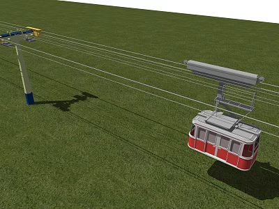 Cable Car Amusement Ride with Red Cabin Over Green Grass And Steel Support Cables 3d model