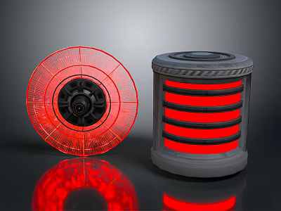 Red Circular Transparent Illuminated Device And Cylindrical Gray Striped Structure 3d model