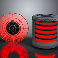 Red Circular Transparent Illuminated Device And Cylindrical Gray Striped Structure
