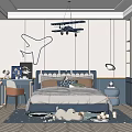 Cozy Kids Bedroom Interior With Blue Headboard Airplane Decor Telescope And Soft Rug