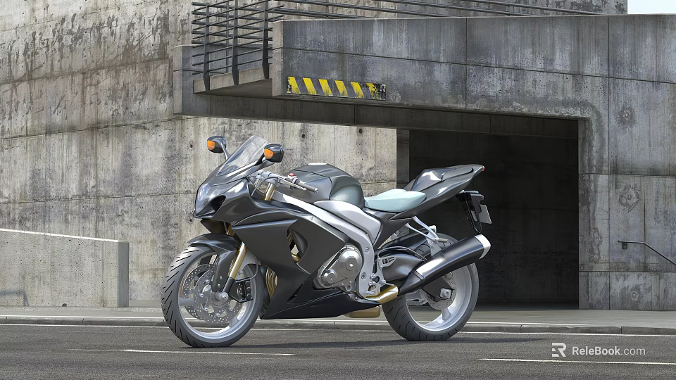 Sleek Modern Sport Motorcycle Parked By Concrete Tunnel With Alloy Wheels And Leather Seat 3d model 