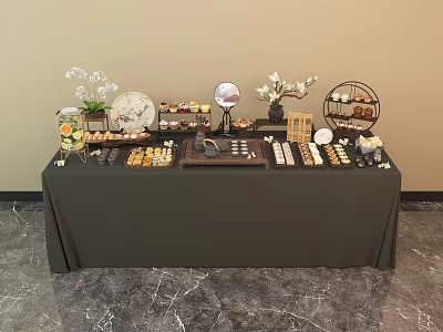 Elegant Tea Break Area With Assorted Pastries Beverages And Decorative Flower Vases 3d model