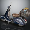 Dark Blue Scooter With Brown Seat Light Colored Bag Black Basket And Tire