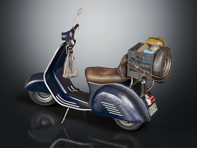 Dark Blue Scooter With Brown Seat Light Colored Bag Black Basket And Tire 3d model