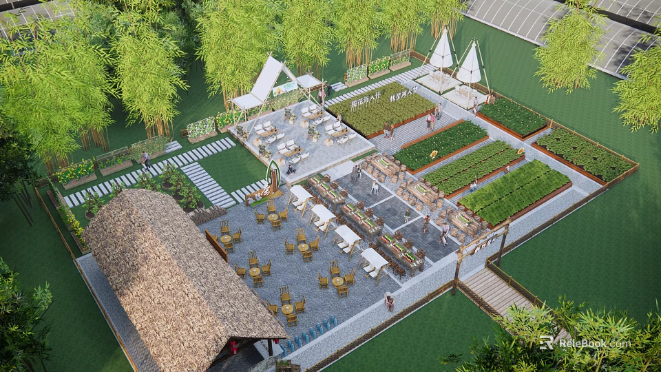 Rural Landscape With Vegetable Gardens Outdoor Seating Paths And Thatched Roof Structures 3d model 