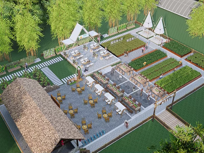Rural Landscape With Vegetable Gardens Outdoor Seating Paths And Thatched Roof Structures 3d model