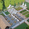 Rural Landscape With Vegetable Gardens Outdoor Seating Paths And Thatched Roof Structures