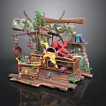 Natural Scenery with Wooden Platform Vines Green Plants Hanging Pots Cart and Red Decorations