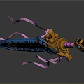 Ornate Decorative Sword With Blue Blade Intricate Carvings Pink Hilt Golden Accents And Blue Gemstones