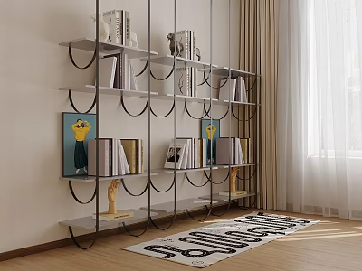 Modern Wall Mounted Shelving Unit With Books Decorative Sculptures Painting And Letter Print Rug 3d model