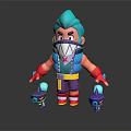 Animated Game Character With Turquoise Hair Shark Mouth Mask Colorful Outfit And Small Purple Sidekicks