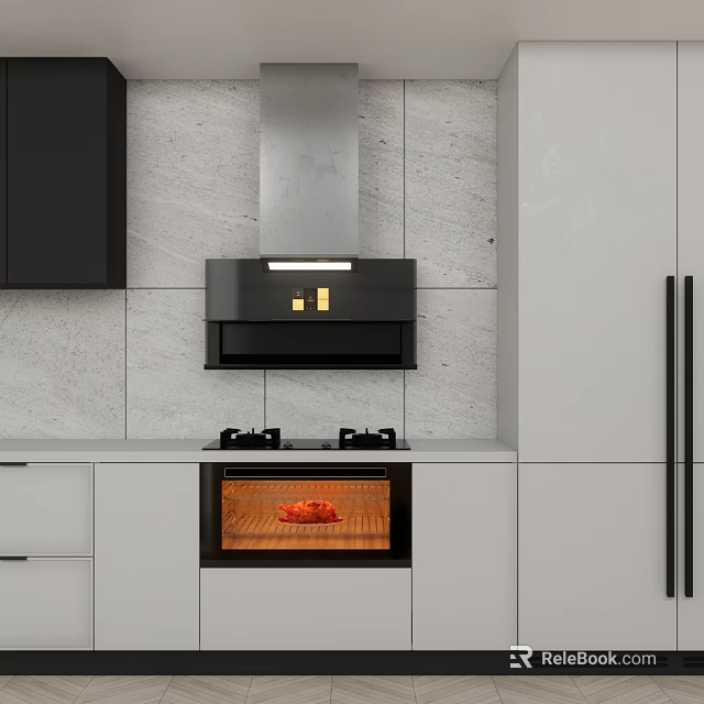 Modern Kitchen Appliances Including Range Hood Gas Stove Oven Refrigerator In Sleek White Black Cabinets 3d model 