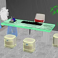 Modern Tea Table and Chairs with Marble Top and Stools in Interior Decorated with Plants
