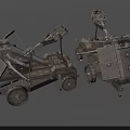 Ancient Wheeled Mechanical Siege Weapons With Wooden Frames And Metal Plates