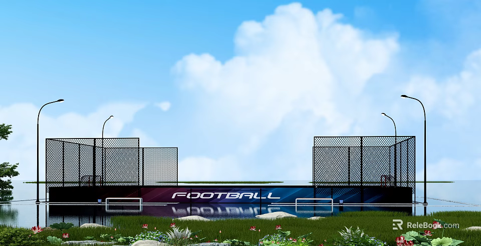 Outdoor Basketball Court With Blue Sky White Clouds Green Grass Wire Mesh Fence And Billboard 3d model 